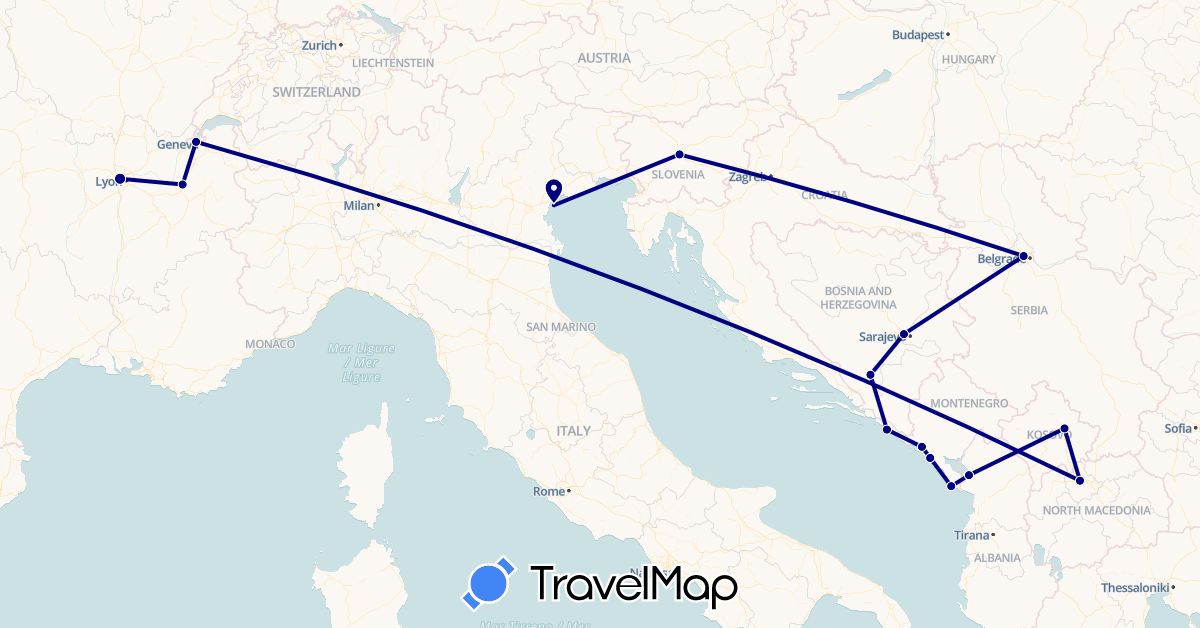 TravelMap itinerary: driving in Albania, Bosnia and Herzegovina, Switzerland, France, Croatia, Italy, Montenegro, Macedonia, Serbia, Slovenia, Kosovo (Europe)